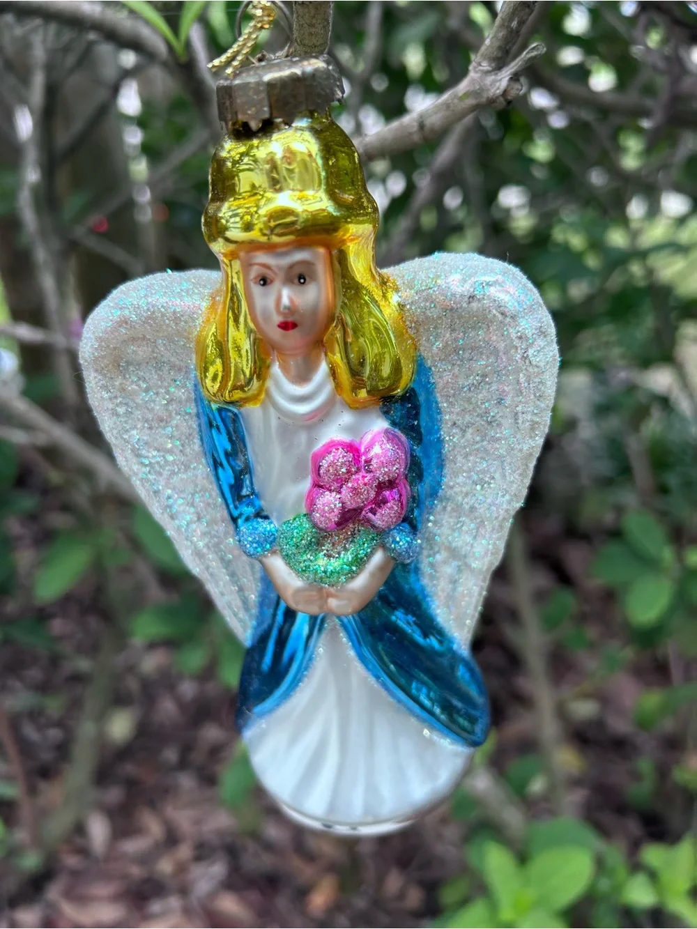 Vintage Blown Glass Angel Christmas Ornament with Metallic Blue Gown and Bouquet